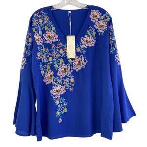 Komili Boho Embroidered V Neck Peasant Blouse Women's Size S Asian Floral Cotton